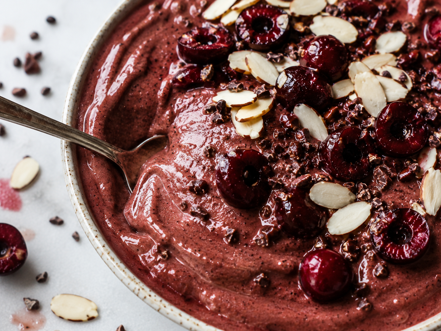 Chocolate Cherry Almond Smoothie Bowl close up