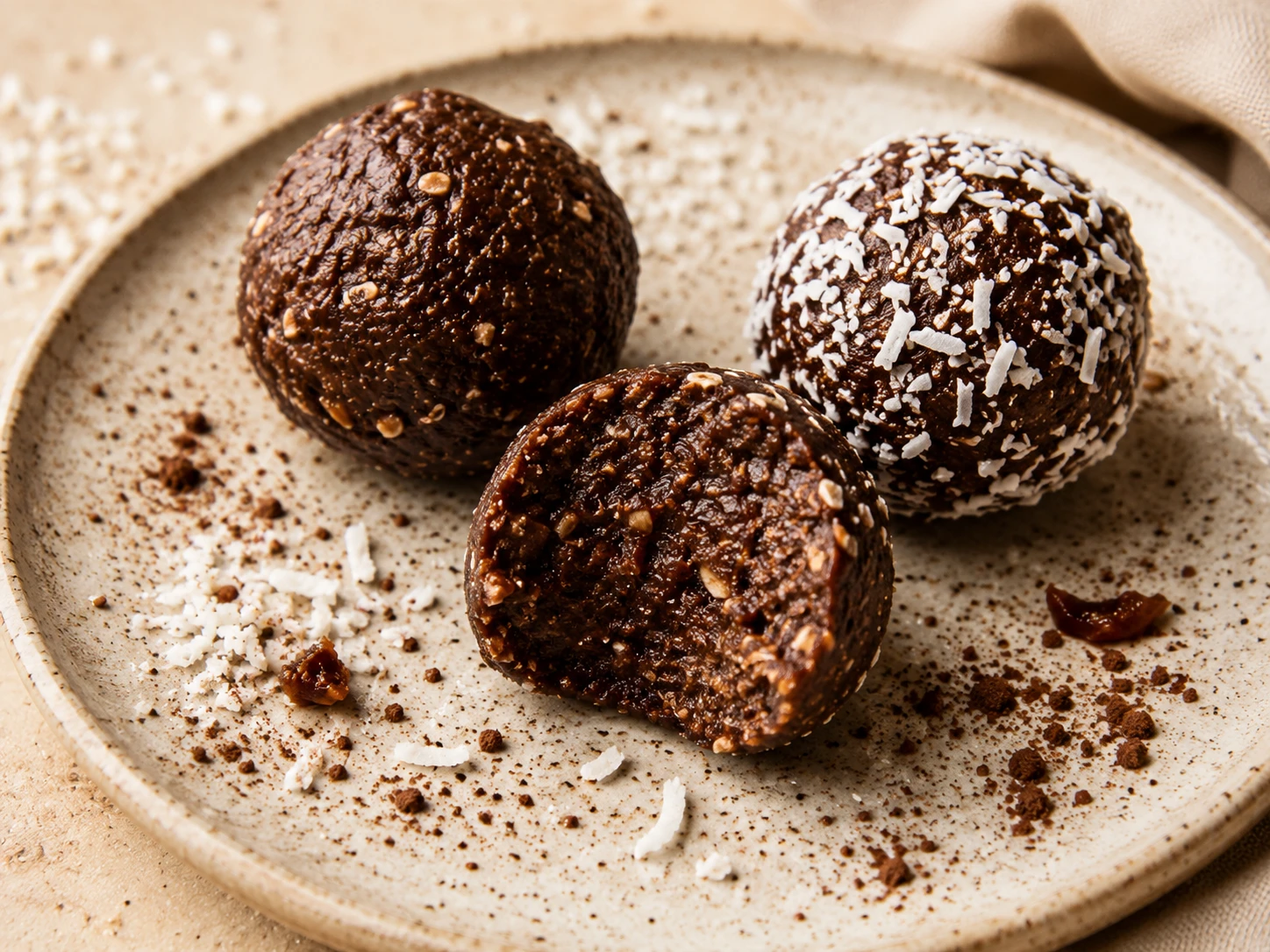 Chocolate Coconut Protein Balls close up