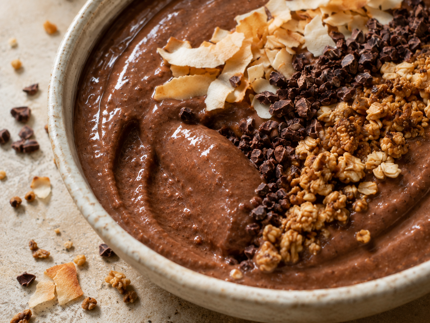 Chocolate Coconut Protein Smoothie Bowl close up