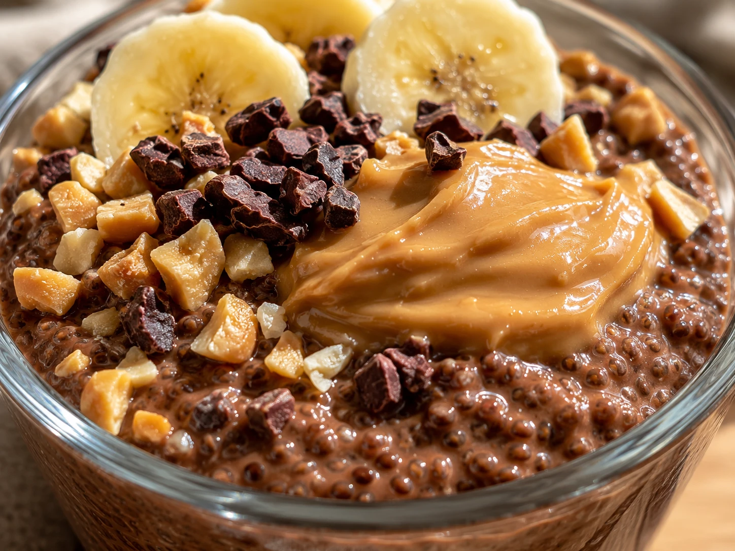 Chocolate Peanut Butter Chia Breakfast Cups close up