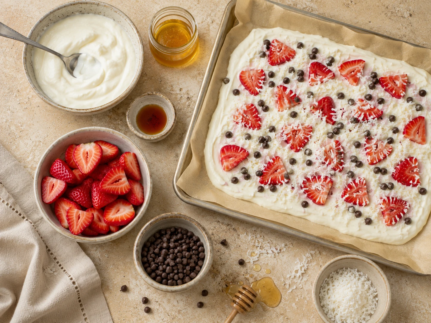 Chocolate Strawberry Yogurt Bark preparation