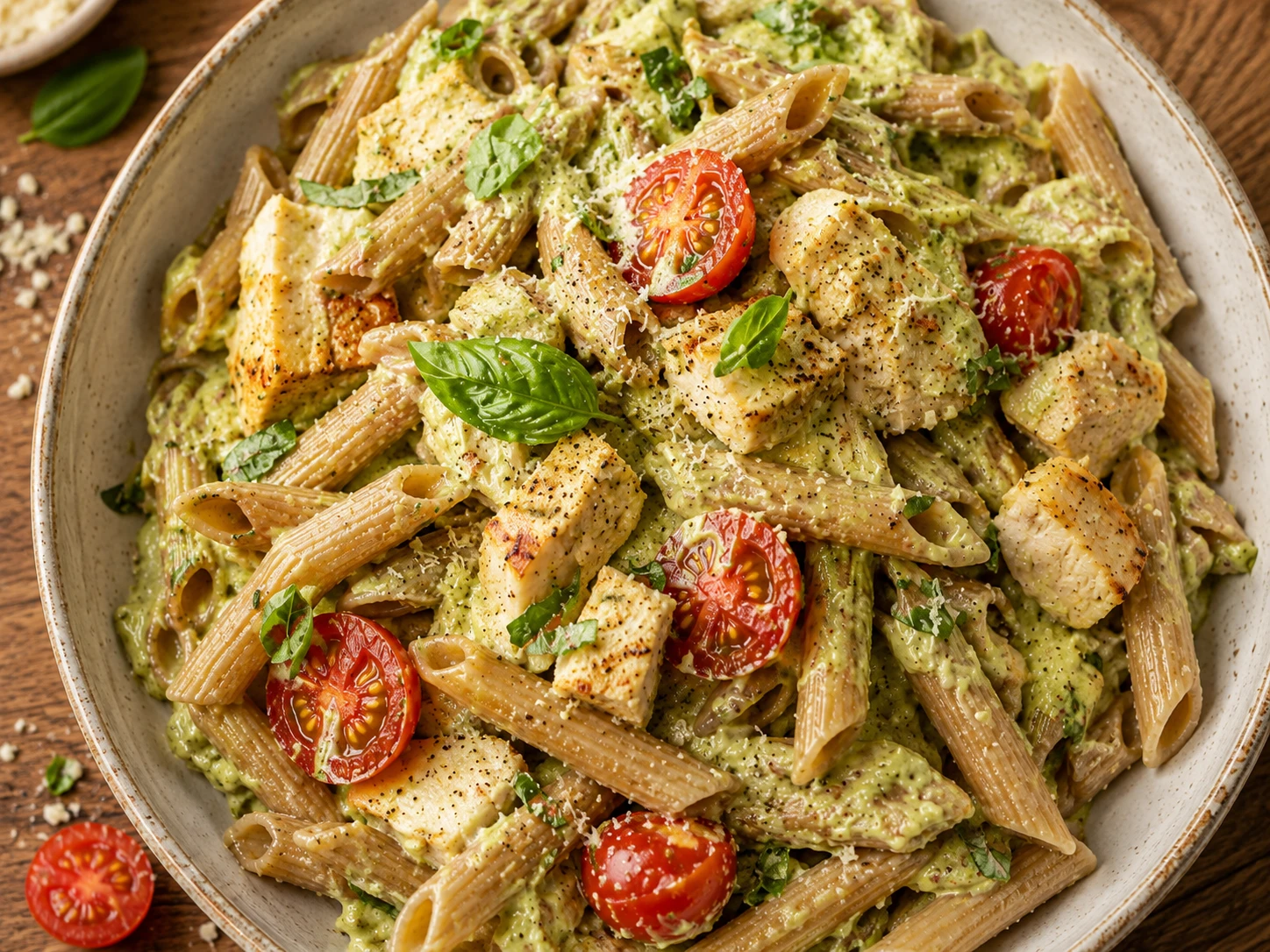 Creamy Avocado Chicken Pasta aerial view