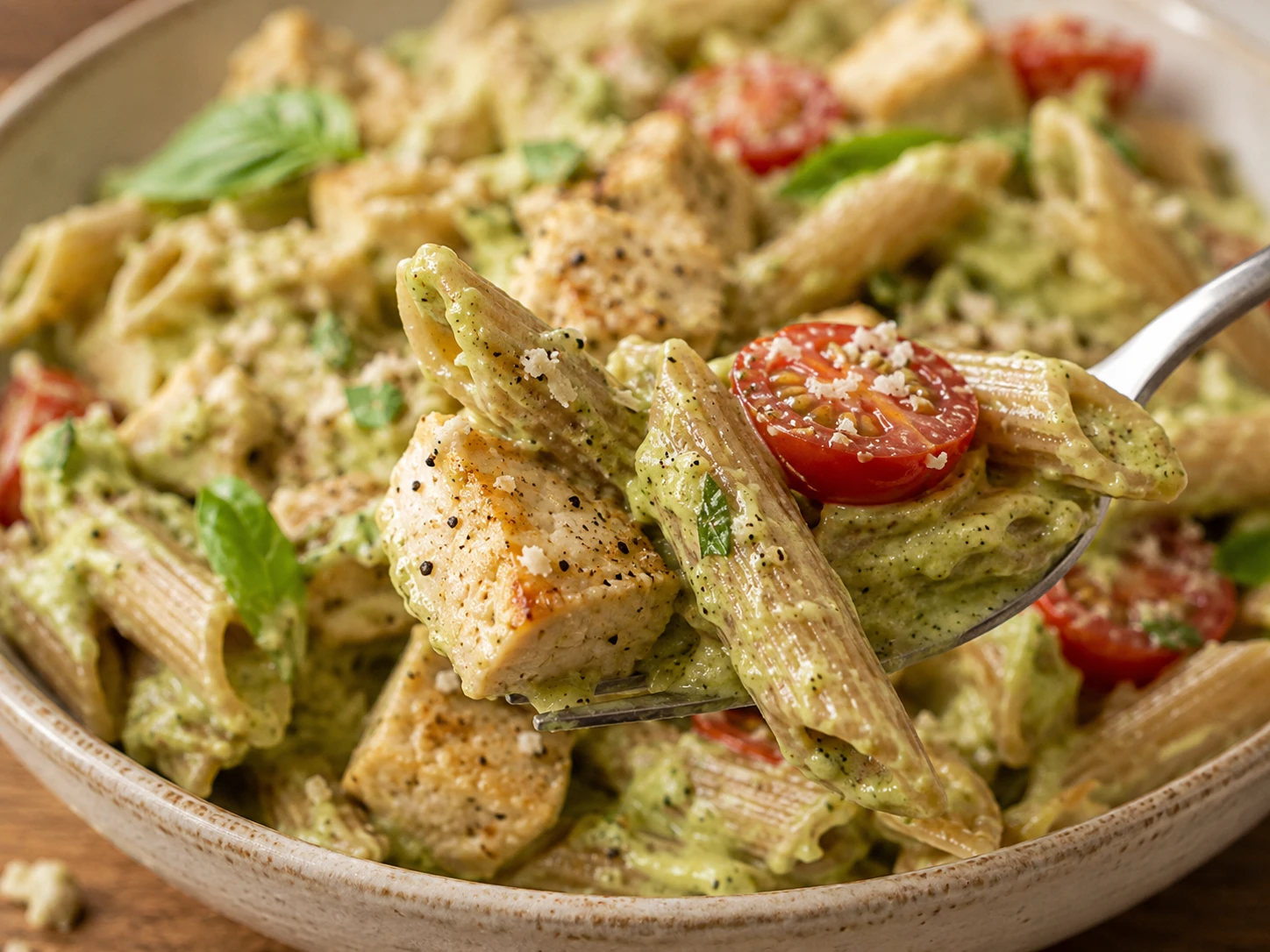 Creamy Avocado Chicken Pasta close up