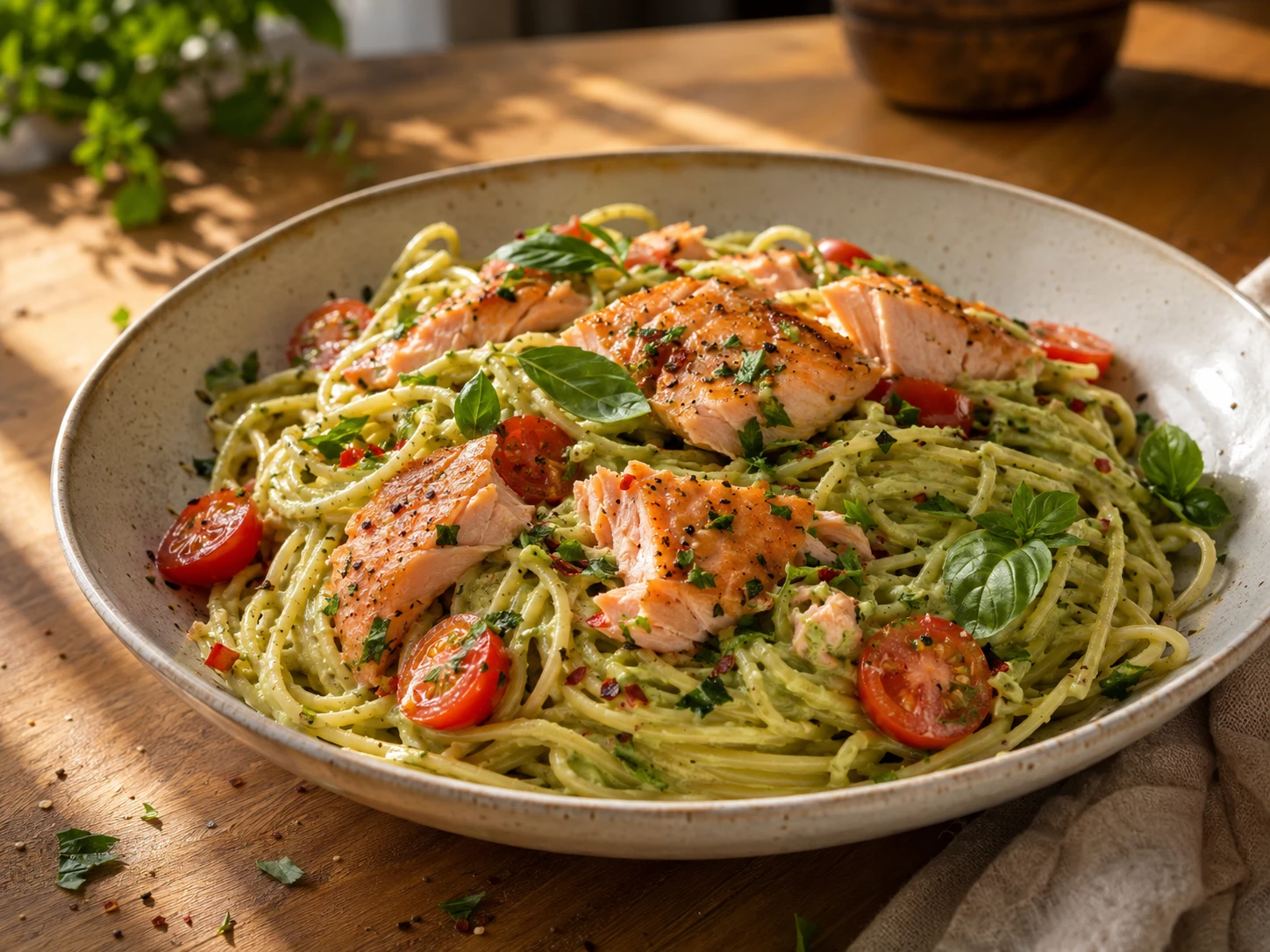 Creamy Avocado Salmon Pasta aerial view