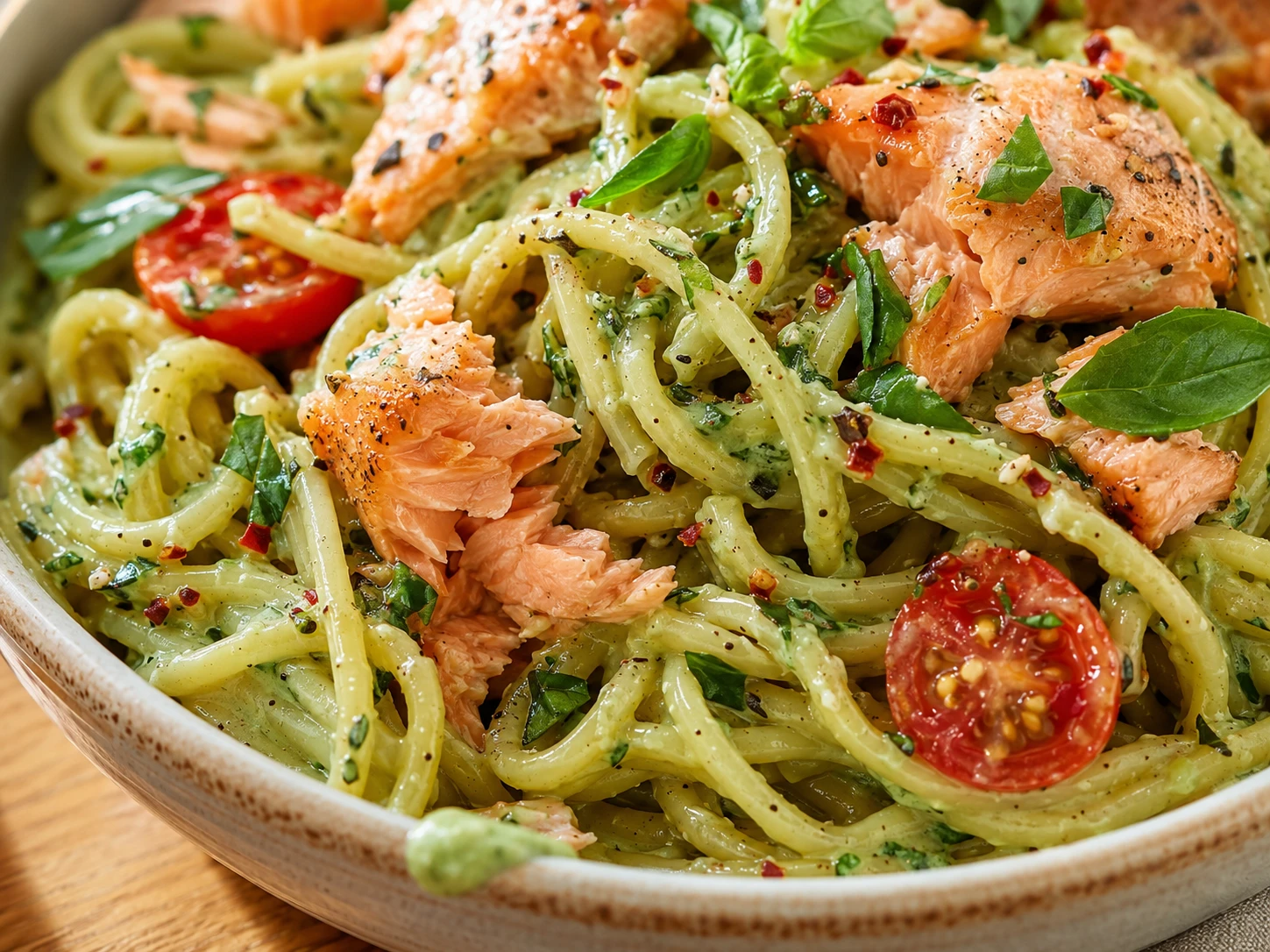 Creamy Avocado Salmon Pasta close up