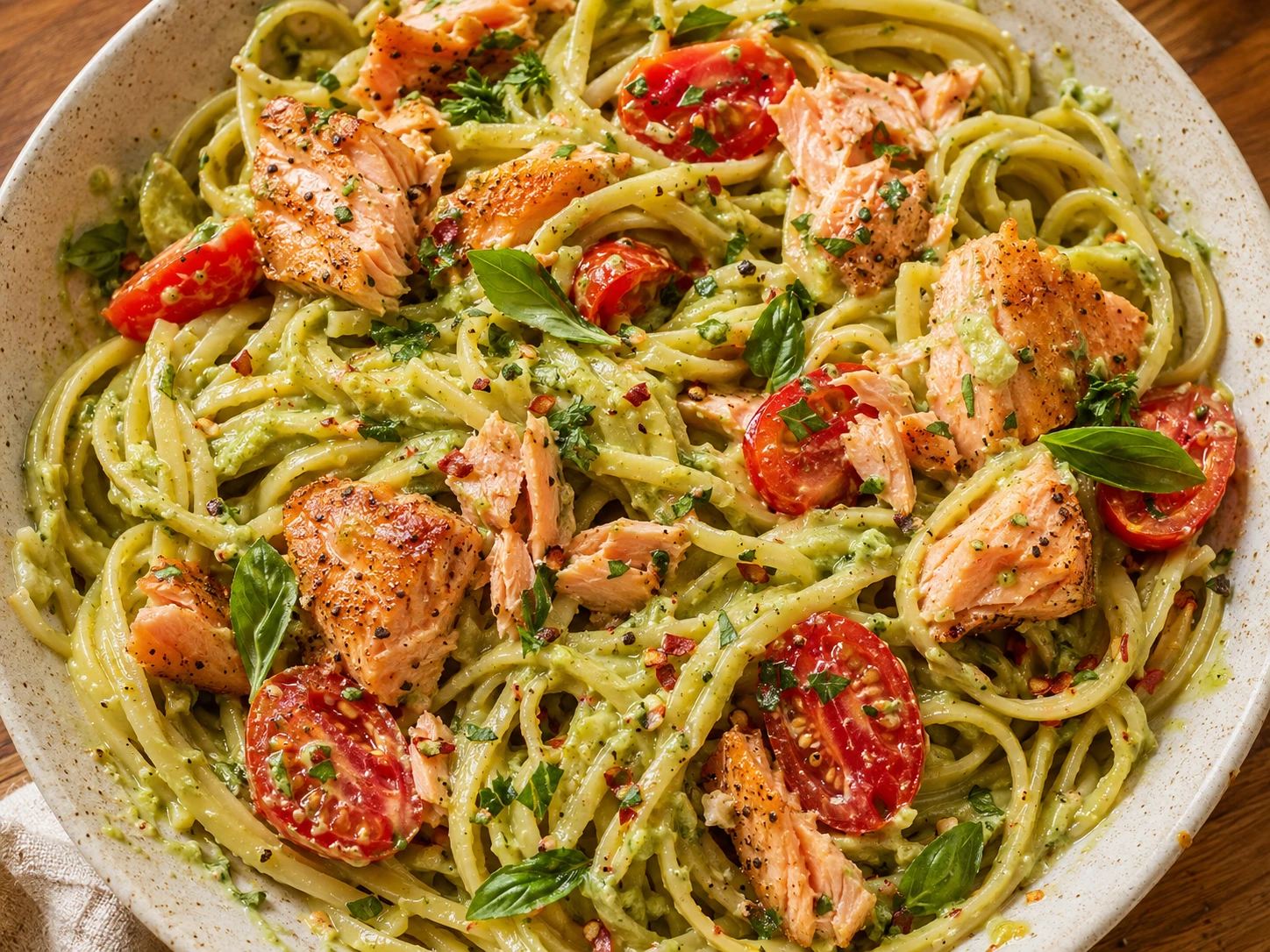 Creamy Avocado Salmon Pasta preparation