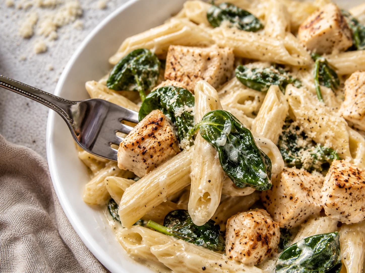 Creamy Spinach Chicken Pasta close up