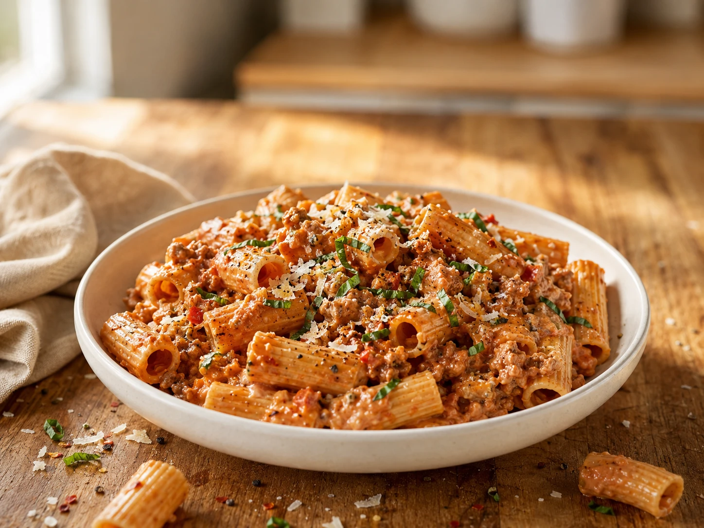 Creamy Tomato Turkey Pasta aerial view