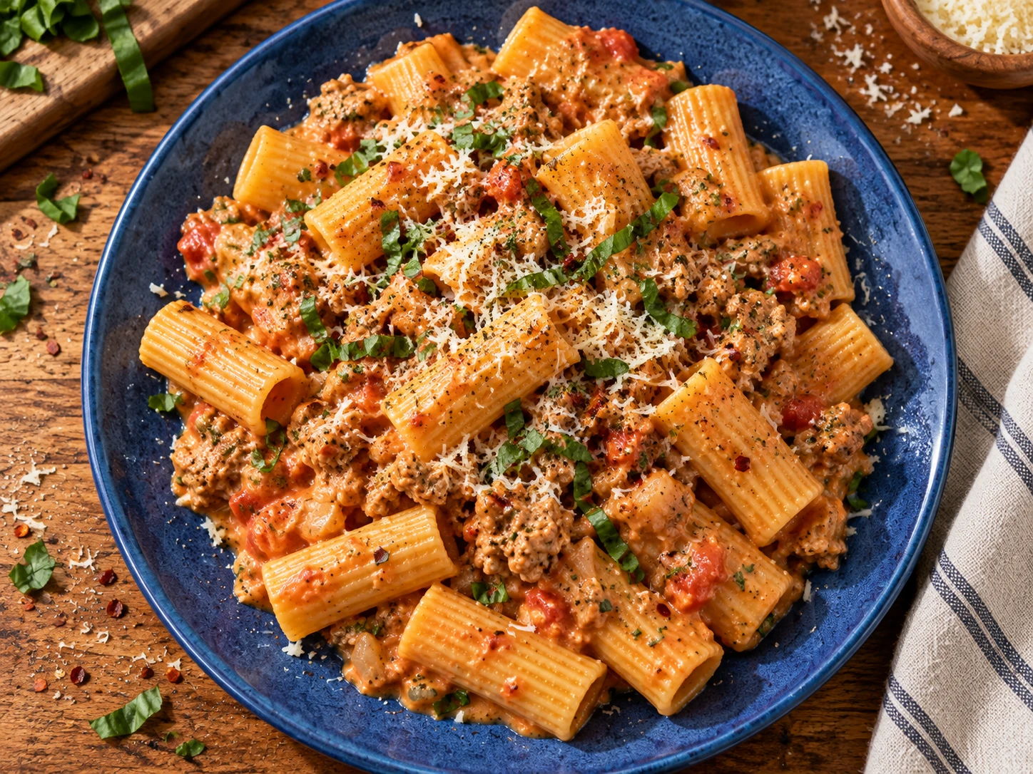 Creamy Tomato Turkey Pasta aerial view