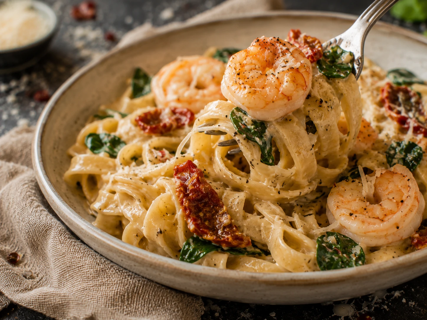 Creamy Tuscan Shrimp Pasta close up