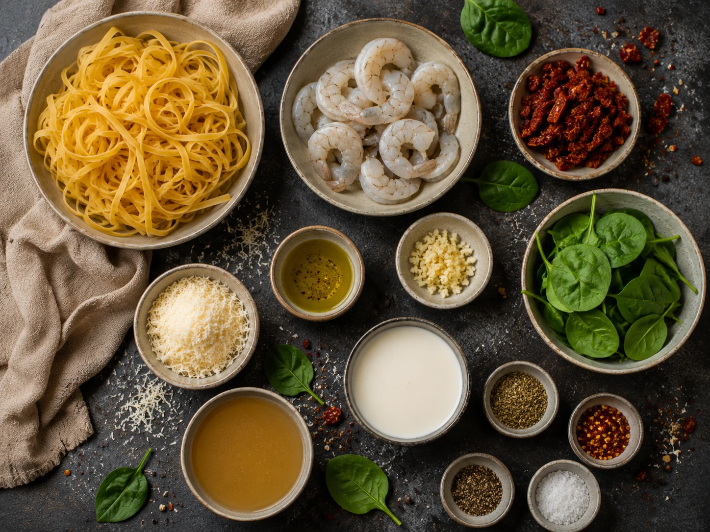 Creamy Tuscan Shrimp Pasta preparation