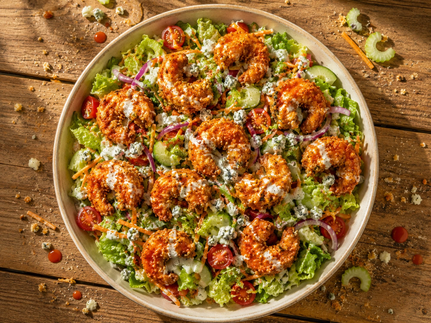 Crispy Buffalo Shrimp Salad aerial view