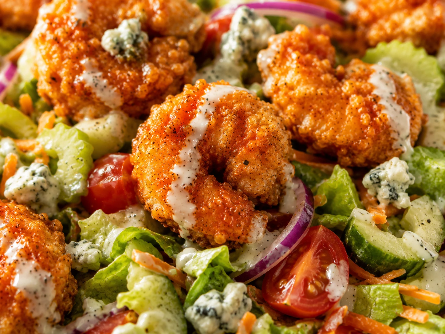 Crispy Buffalo Shrimp Salad close up
