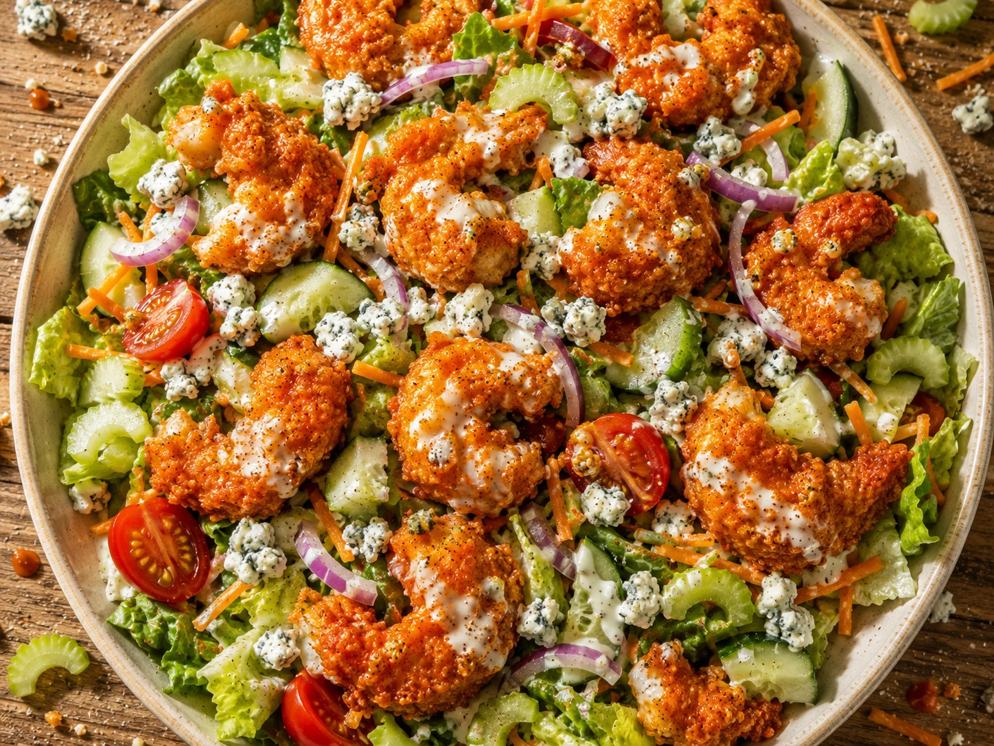 Crispy Buffalo Shrimp Salad preparation