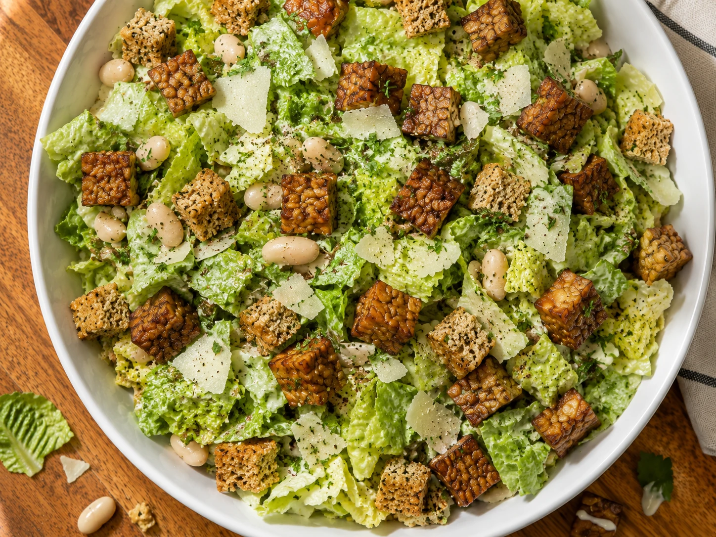 Crispy Tempeh White Bean Caesar Salad aerial view