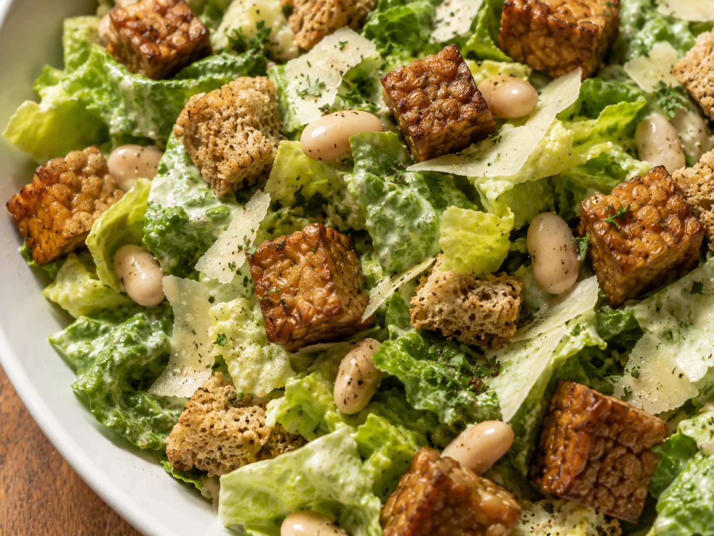 Crispy Tempeh White Bean Caesar Salad close up