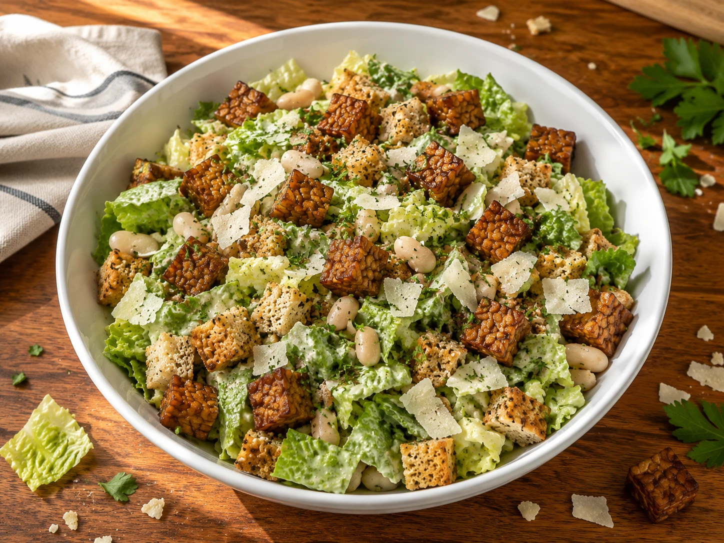 Crispy Tempeh White Bean Caesar Salad