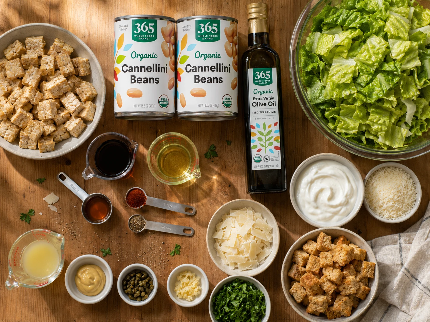 Crispy Tempeh White Bean Caesar Salad preparation