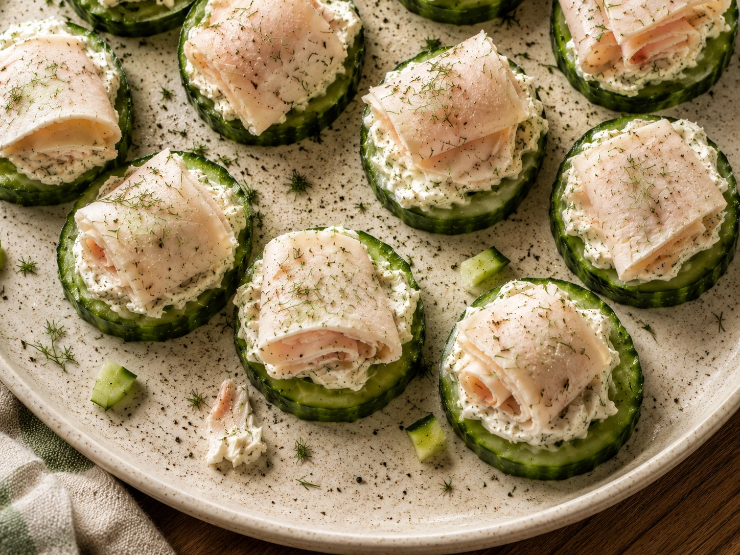 Cucumber Cream Cheese Turkey Bites aerial view