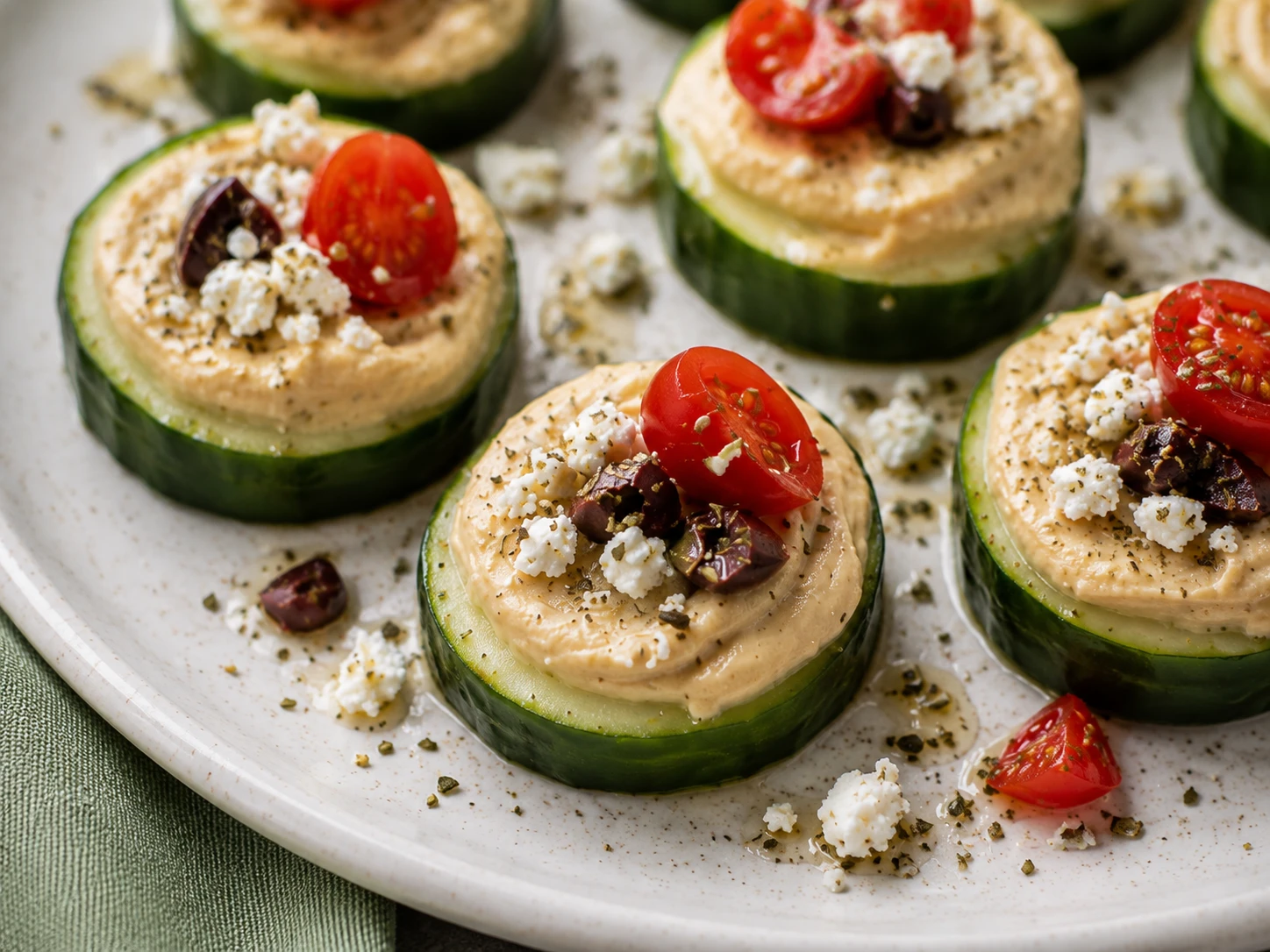 Cucumber Feta Hummus Bites close up