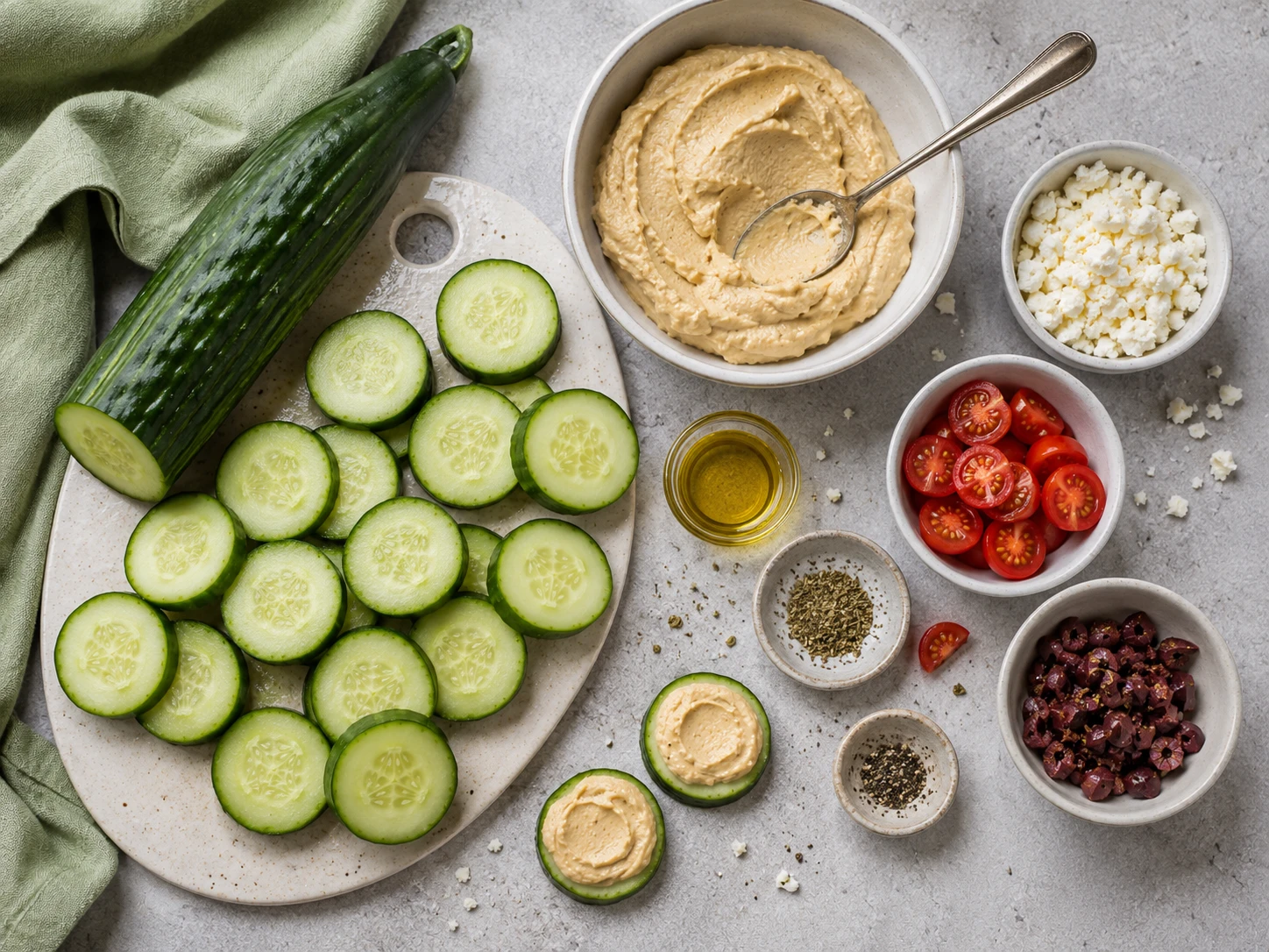 Cucumber Feta Hummus Bites preparation