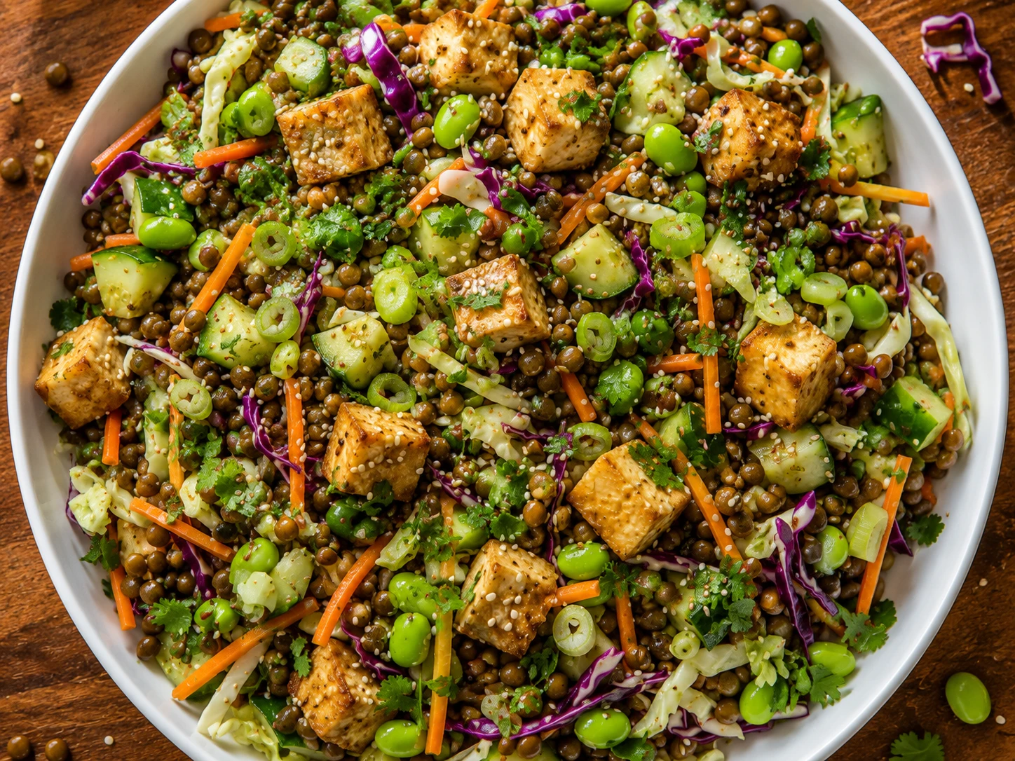 Edamame Lentil and Tofu Crunch Salad aerial view