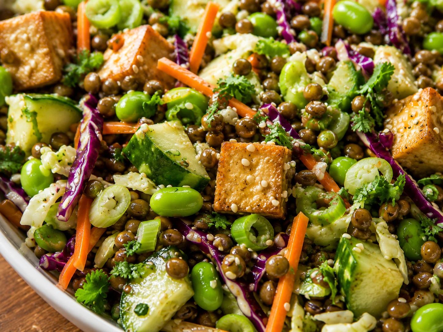 Edamame Lentil and Tofu Crunch Salad close up