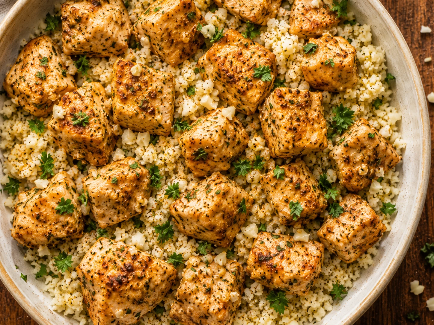 Garlic Butter Chicken with Cauliflower Rice aerial view