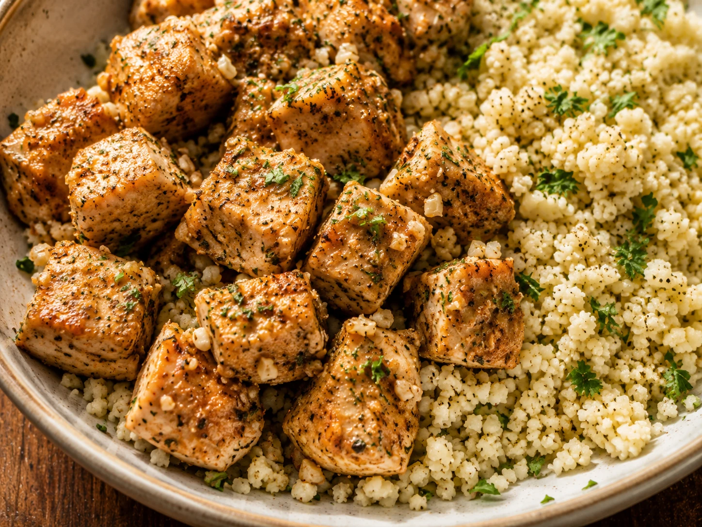 Garlic Butter Chicken with Cauliflower Rice close up