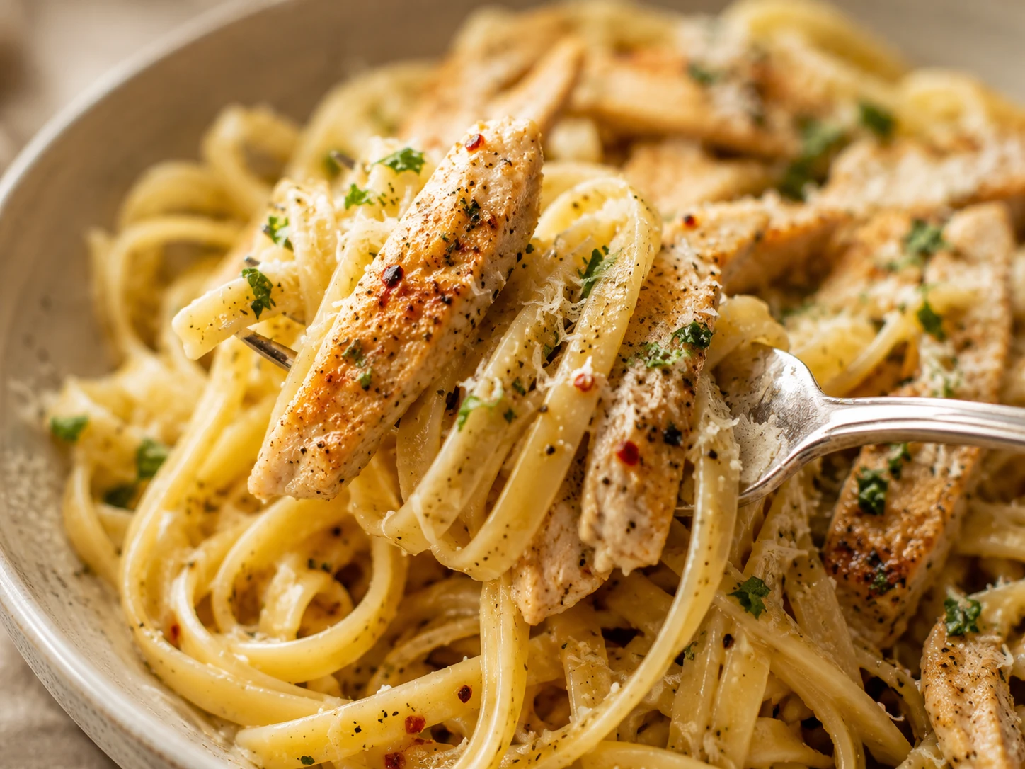 Garlic Butter Chicken Pasta close up