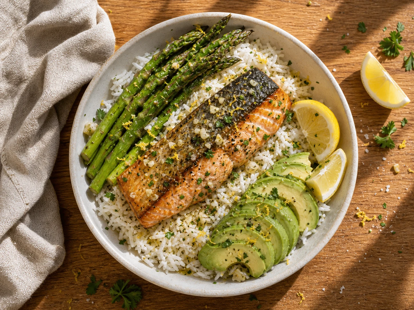 Garlic Butter Salmon Bowl aerial view