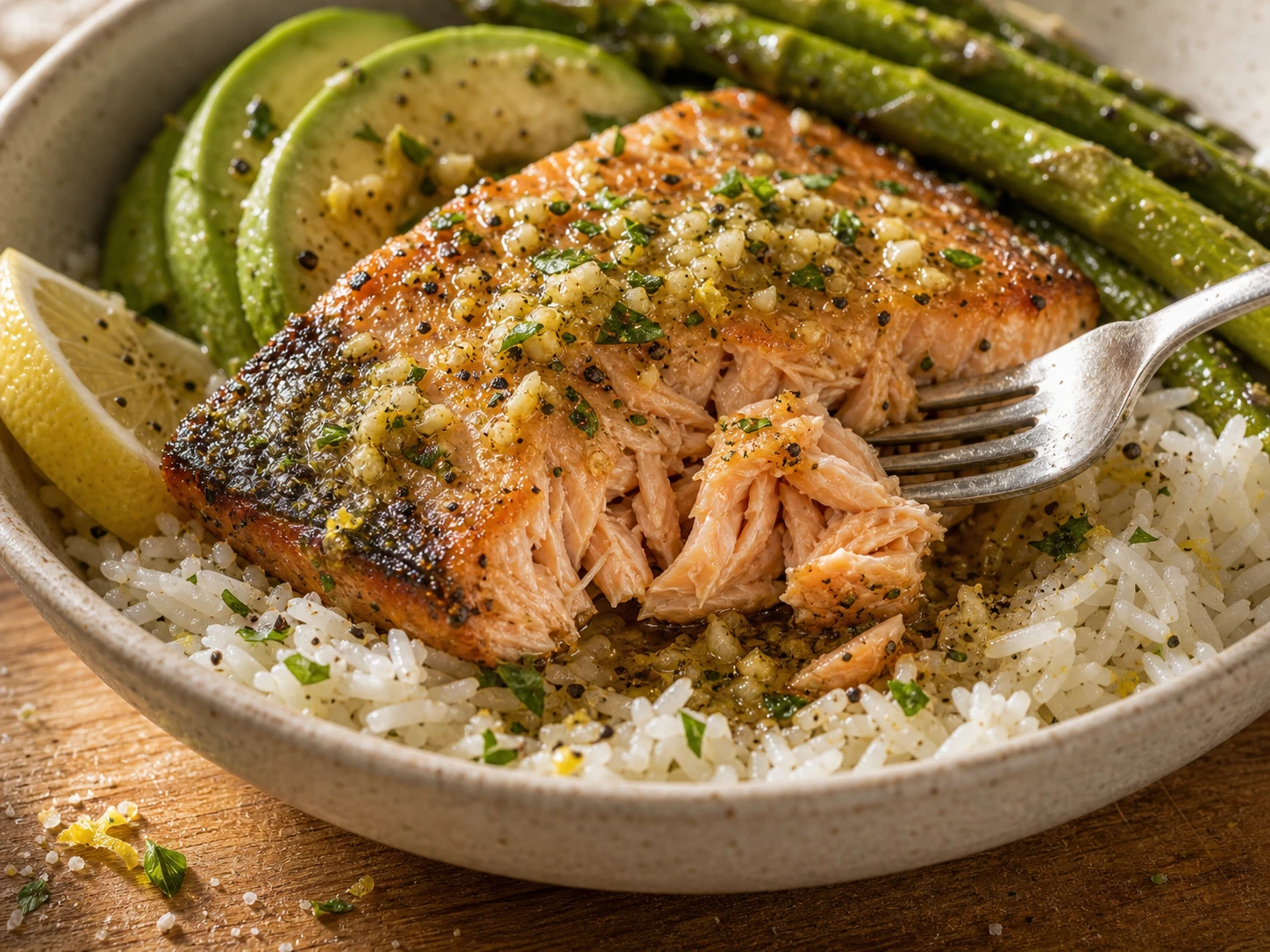 Garlic Butter Salmon Bowl close up