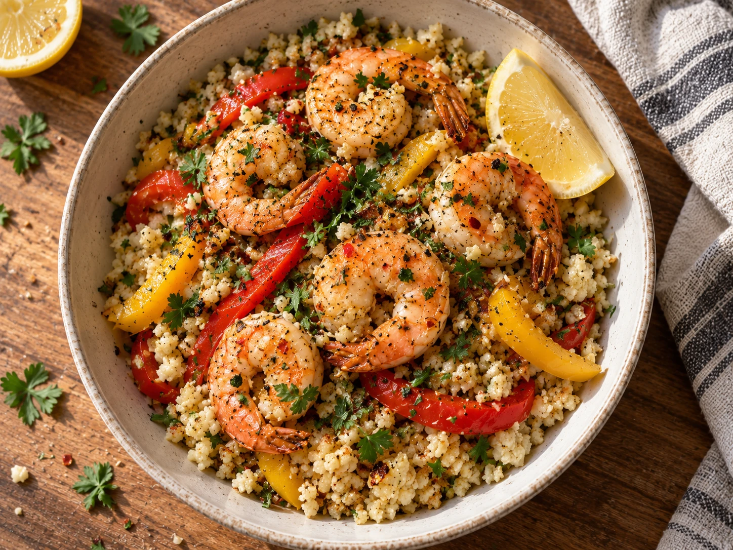Garlic Butter Shrimp Cauliflower Rice Bowls aerial view