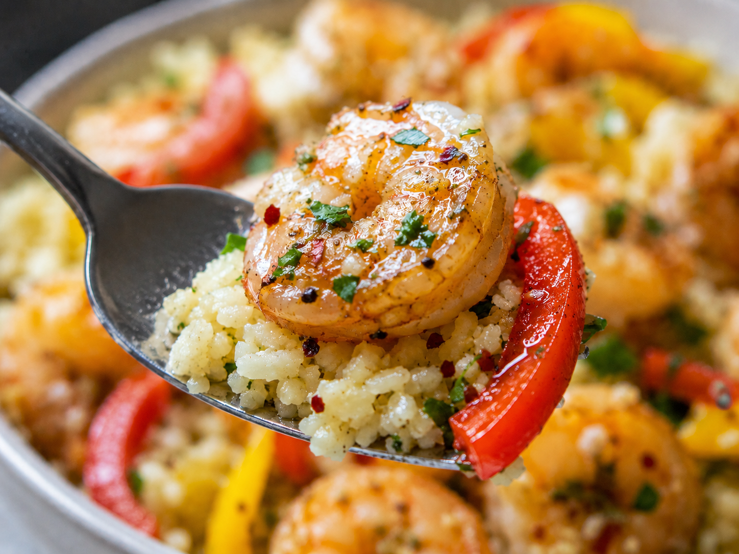Garlic Butter Shrimp Cauliflower Rice Bowls close up