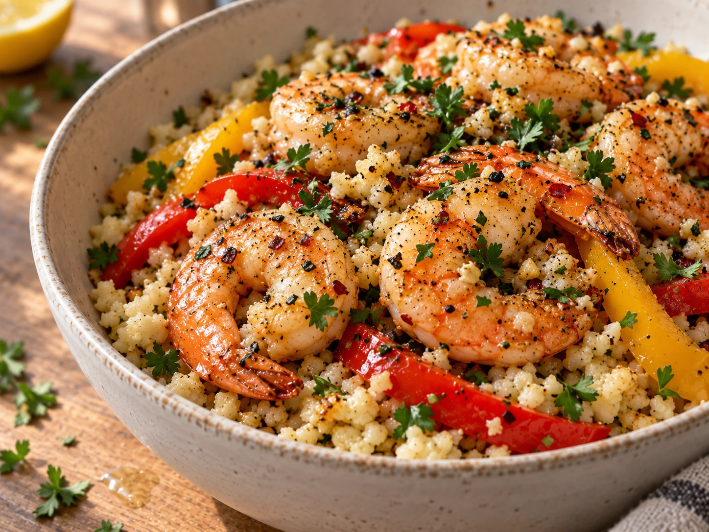Garlic Butter Shrimp Cauliflower Rice Bowls close up