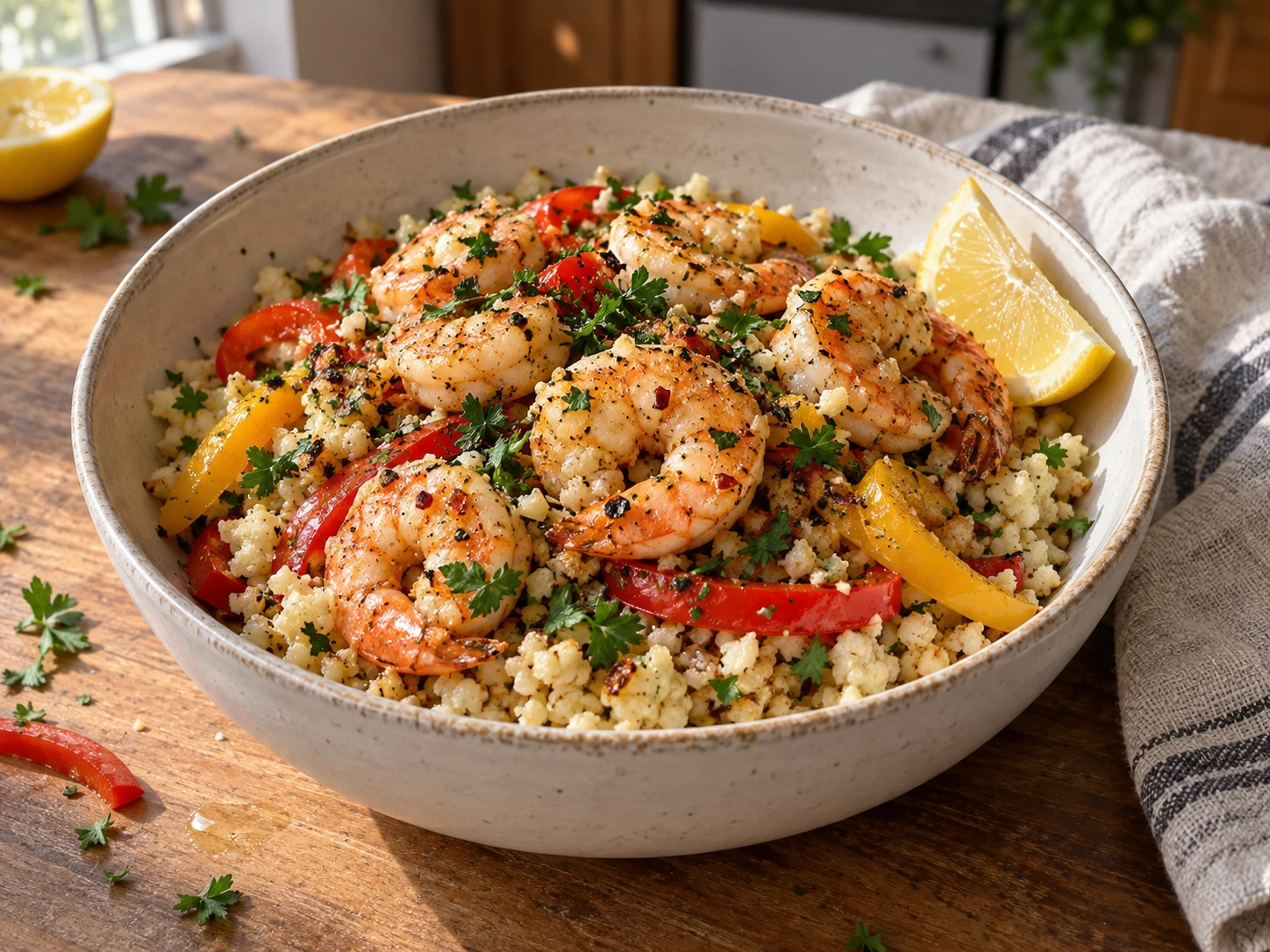 Garlic Butter Shrimp Cauliflower Rice Bowls
