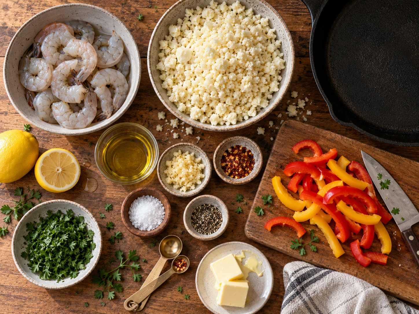 Garlic Butter Shrimp Cauliflower Rice Bowls preparation