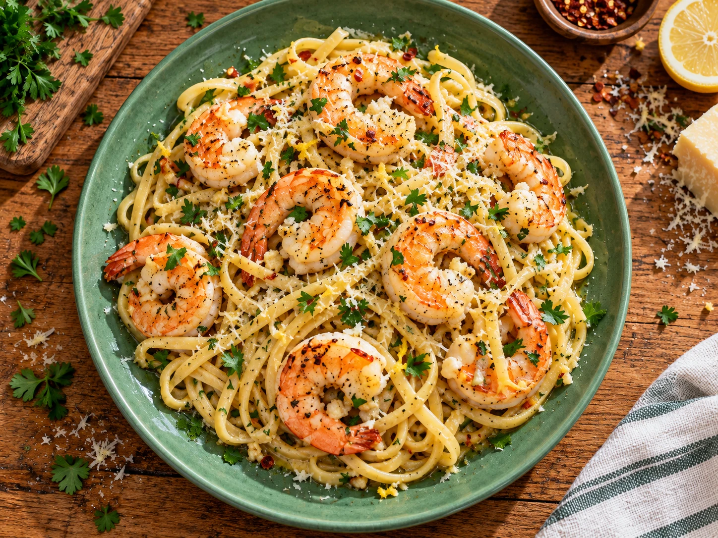 Garlic Butter Shrimp Linguine aerial view