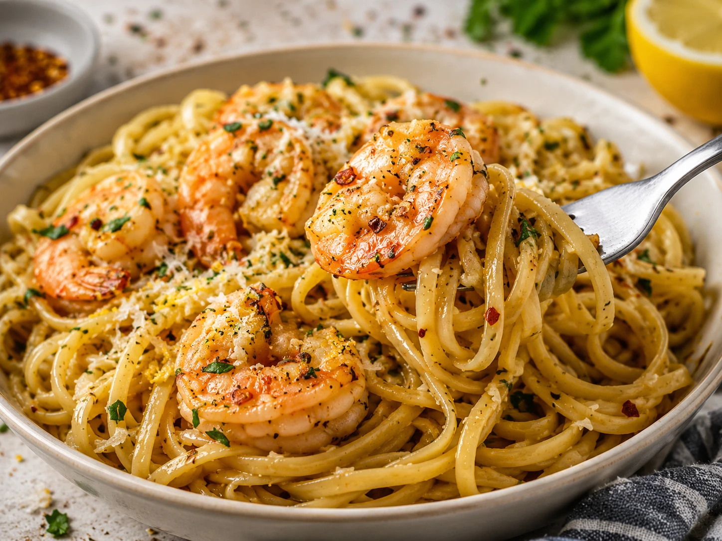 Garlic Butter Shrimp Linguine close up