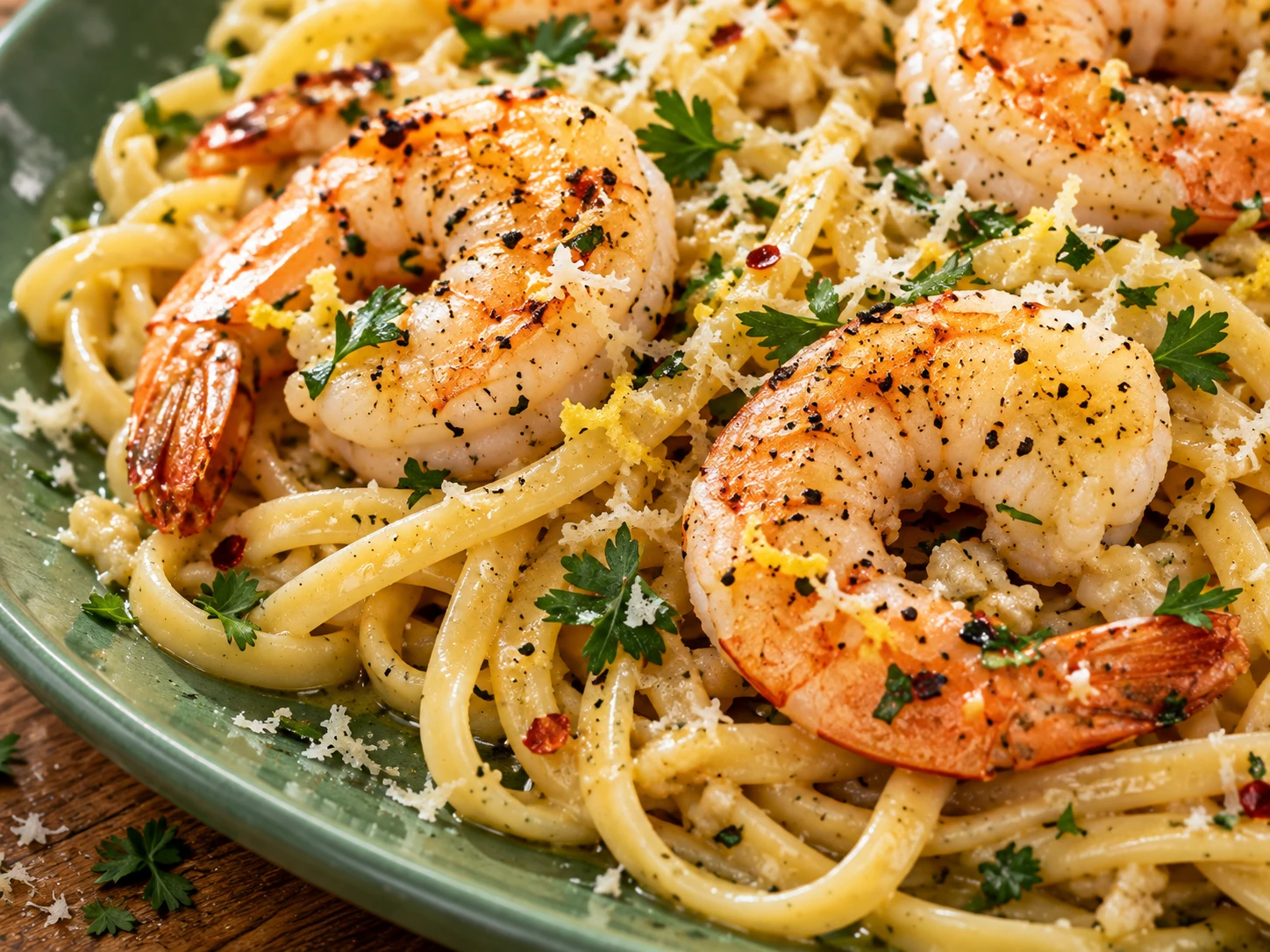 Garlic Butter Shrimp Linguine close up