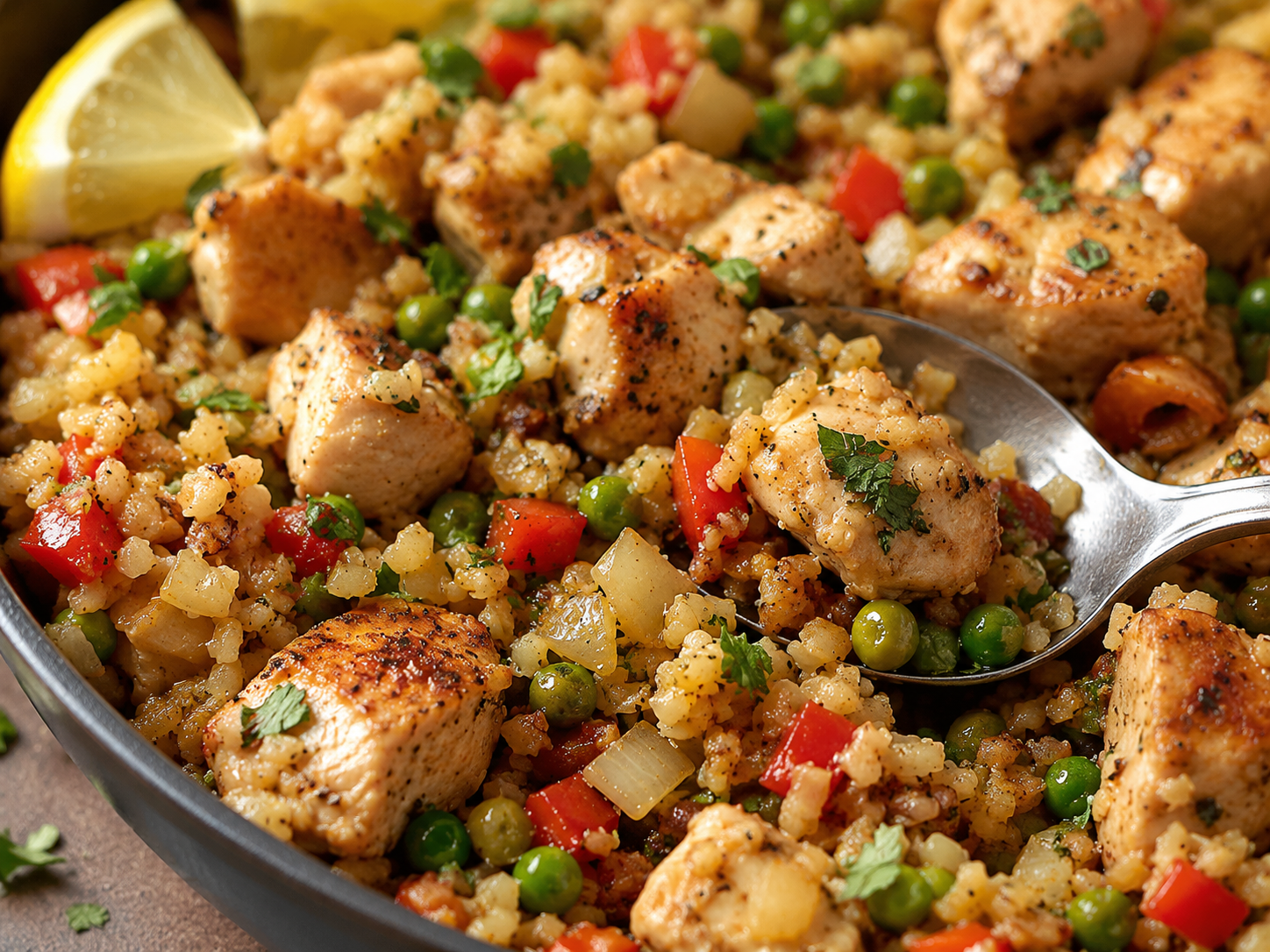 Garlic Chicken Cauliflower Rice Skillet close up