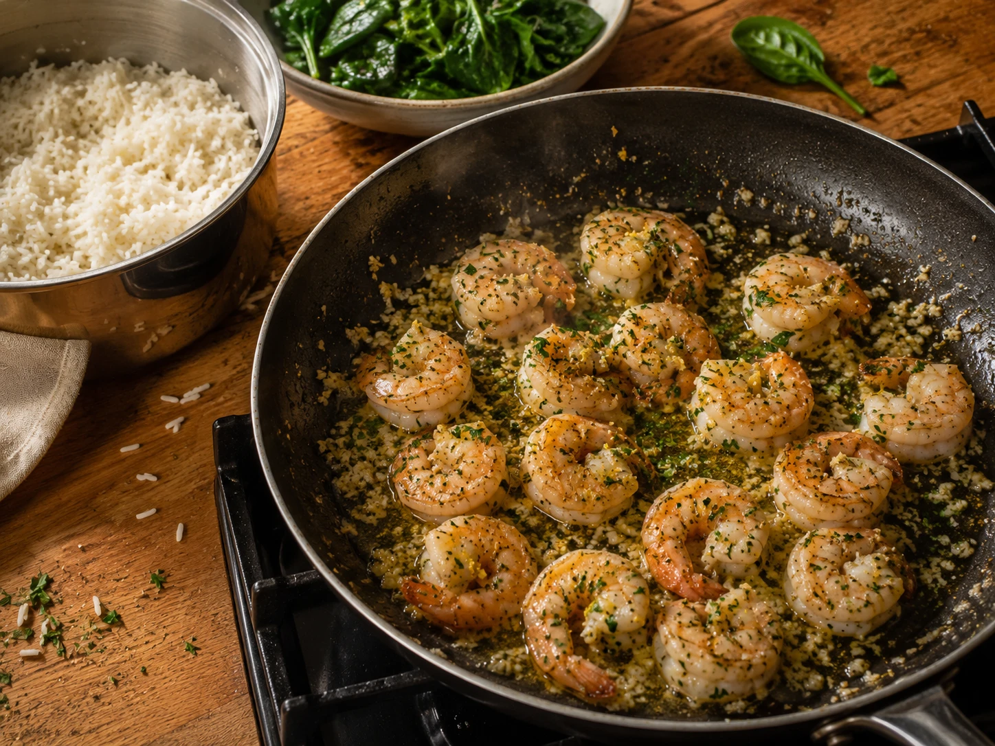 Garlic Herb Shrimp Rice Bowls aerial view