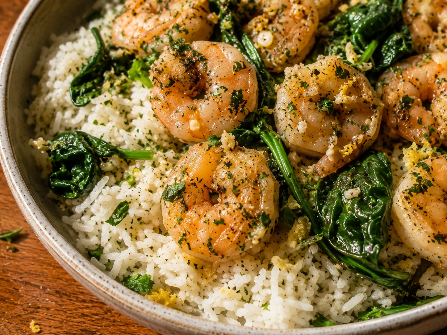 Garlic Herb Shrimp Rice Bowls close up