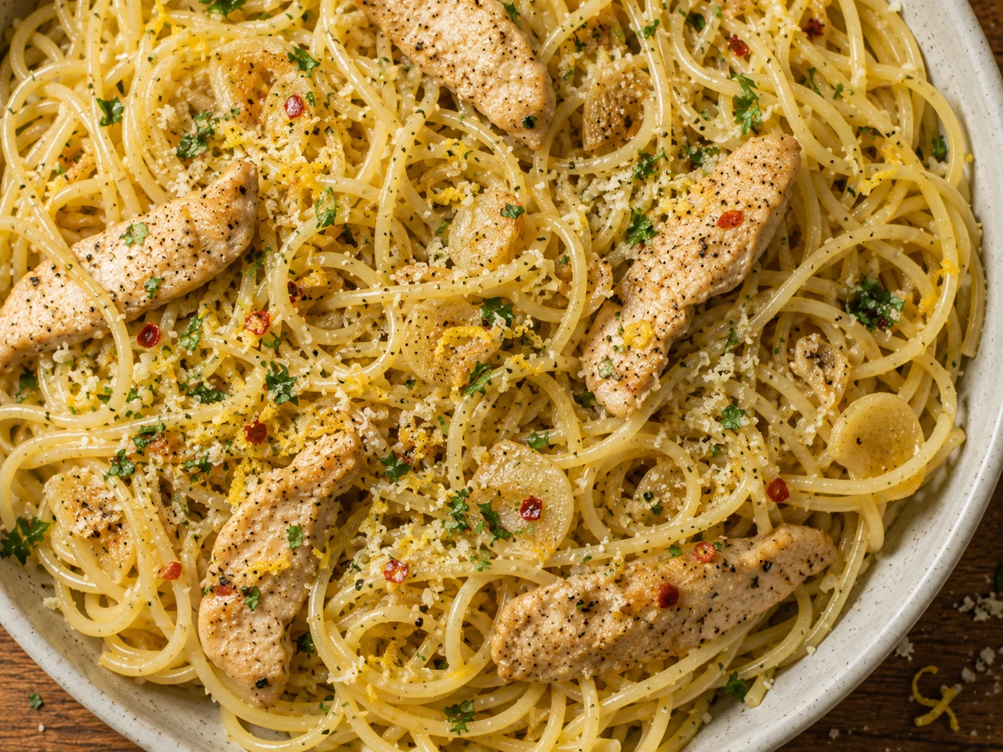 Garlic Lemon Chicken Spaghetti aerial view