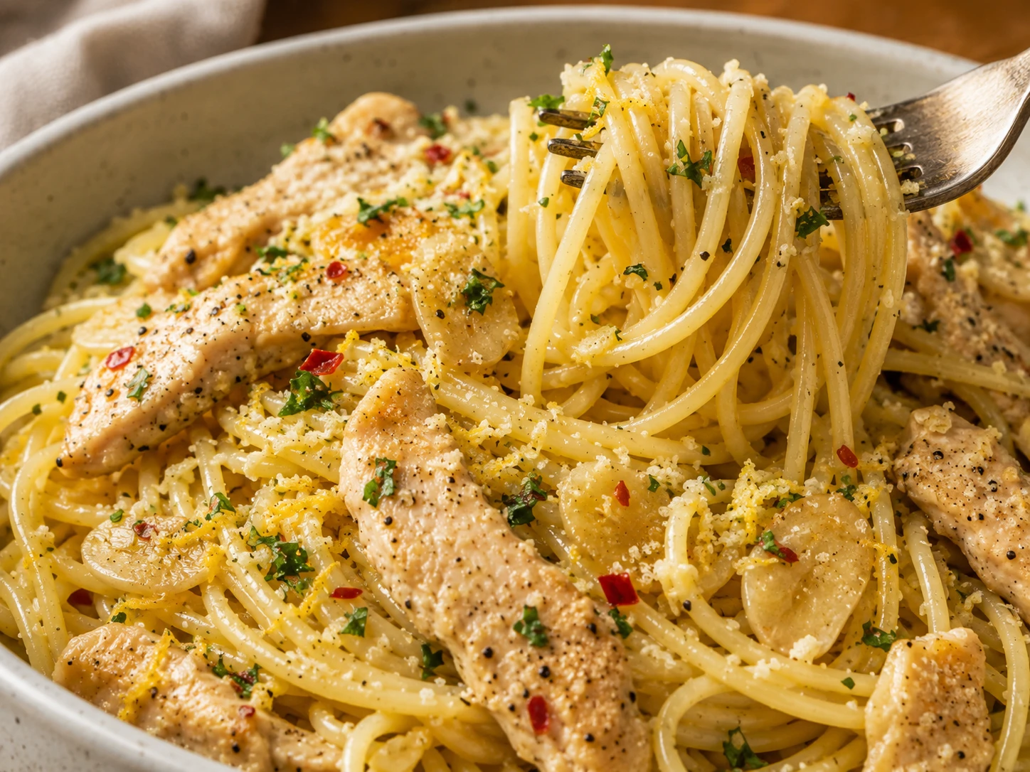 Garlic Lemon Chicken Spaghetti close up
