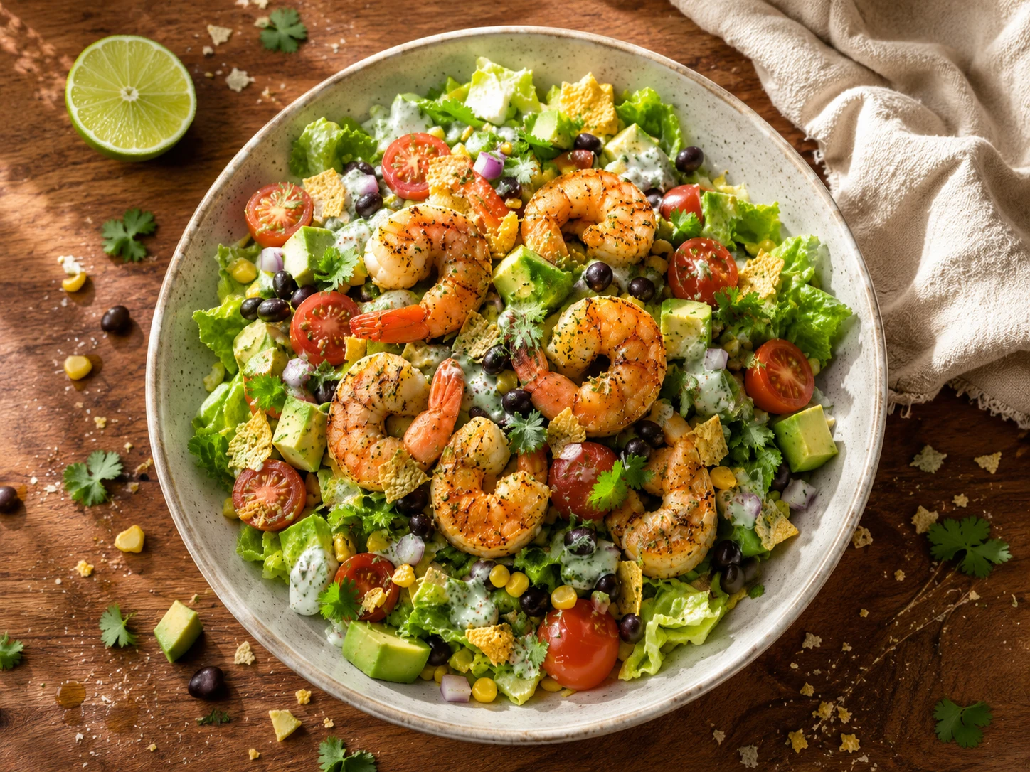 Garlic Lime Shrimp Taco Salad aerial view