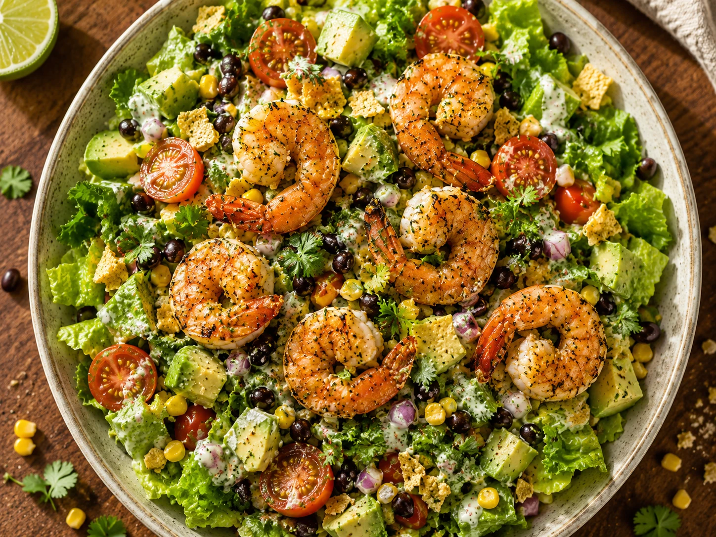 Garlic Lime Shrimp Taco Salad preparation