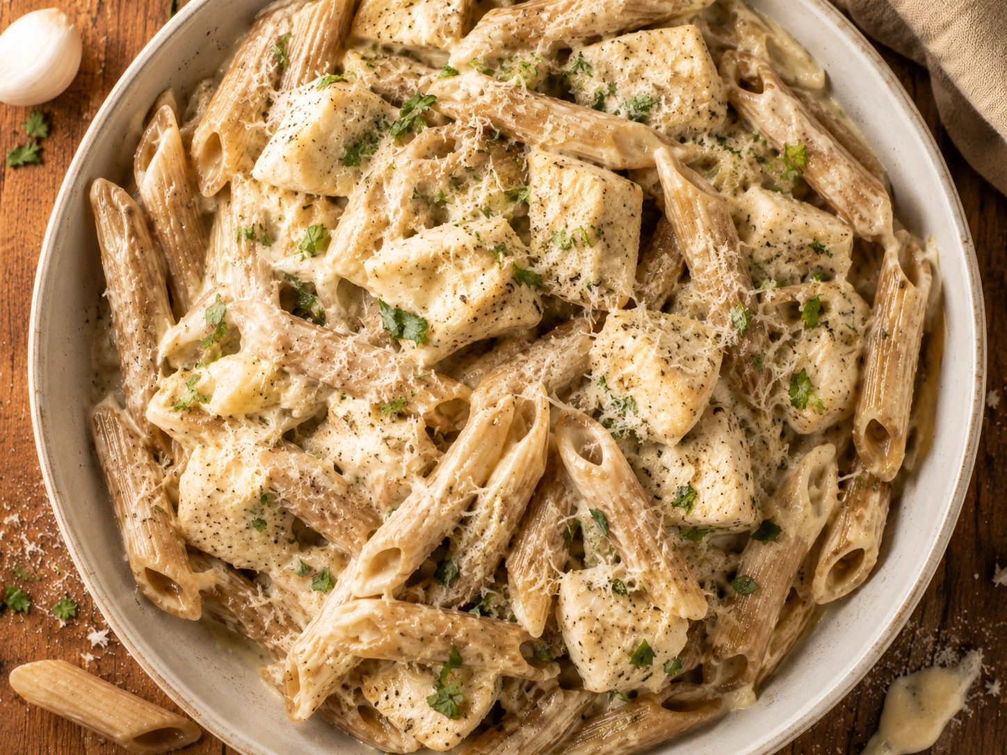 Garlic Parmesan Chicken Pasta aerial view