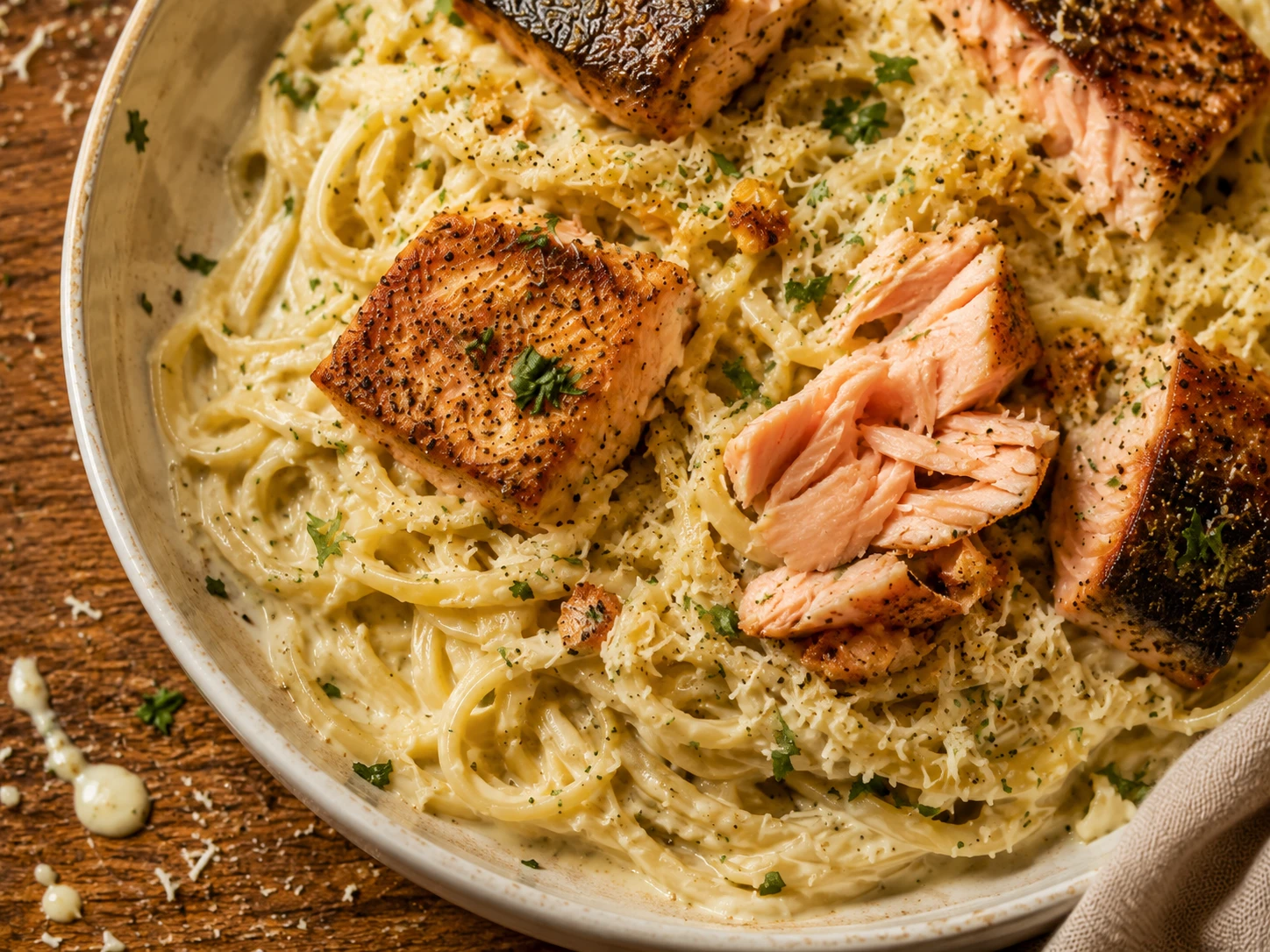 Garlic Parmesan Salmon Pasta close up