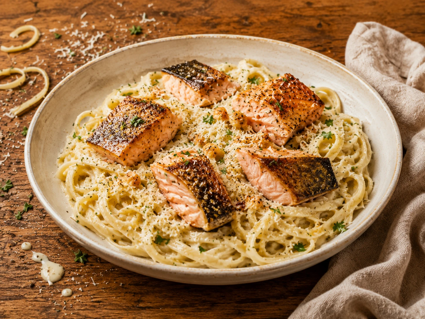 Garlic Parmesan Salmon Pasta